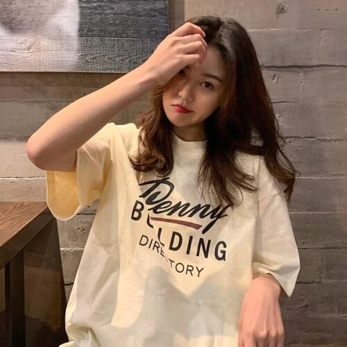 2021 Summer Korean Letter Print Short Sleeve T-shirt Womens Loose Mid-length Casual Student Top T-shirt