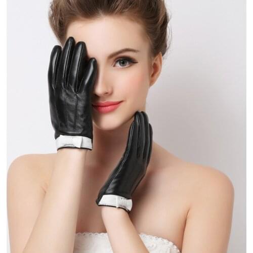 Genuine Leather Gloves Womens Winter Plus Velvet Touchscreen Sheepskin Gloves Bowknot Fashion Trend Black Driving Glove F8001