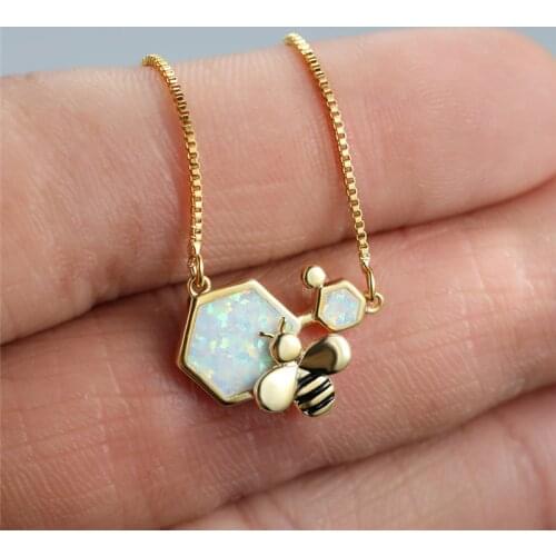 Female Luxury White Blue Opal Pendant Necklace Cute Small Bee Wedding Necklace Charm Gold Silver Color Chain Necklaces For Women