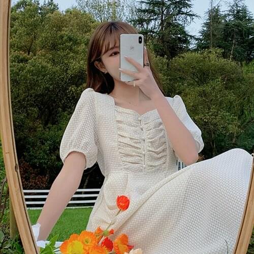 Square Collar Dress Beaded Gentle Princess Short-Sleeved Fashion 2021 Summer Ladies Korean Retro High-Waist Plaid A-Line Skirt