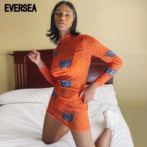 Eversea Lady See Through Butterly Leopard Print Girl Orange Dress Women Sexy Skinny Mesh Women Long Sleeve Night Pub One Pieces