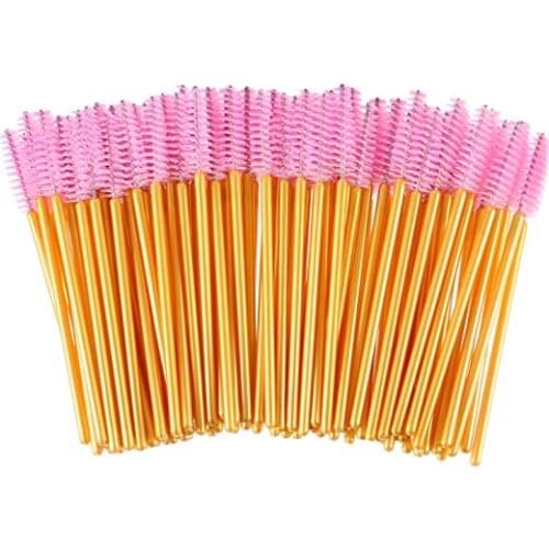300pcs Disposable Nylon Mascara Wands Pink Golden Handle Brushes Lashes Makeup Brushes Eyelash Extension Tools