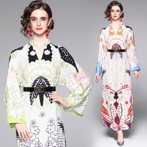 England Style Flare Sleeve Long Maxi Dress Sexy V Neck Loose Slim Sashes Tunic Plus Size Party Dress Design Print Bandage Dress
