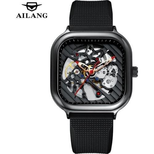 ALLANG Automatic Mechanical Mens Watch Square Stainless Steel Hollow Shockproof Waterproof Sports Top Brand Mens Watch 8635