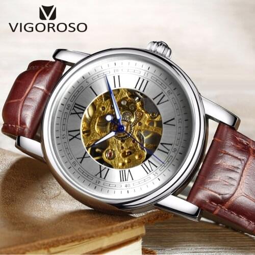 VIGOROSO Mechanical Watch Men Black Brown Leather Stainless Steel Case Skeleton Gold Movement Brand Wristwatch Relojes Masculino