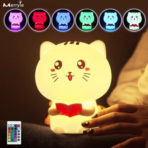 USB Recharge Baby Night Lights 7 Color Silicone Cartoon Cat Night Lamp Decor Bedroom Sound Recording Table Light for Kids Gift