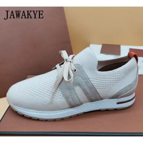 Breathable Knitting Women Shoes Lace Up Strentch Thick Sole Outdoo Footwear Air Mesh Spring New Women Walk Sneakers Casual Flats