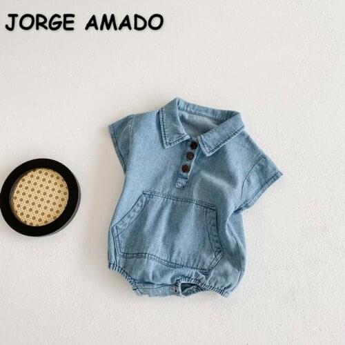 2021 Korean Style New Summer Baby Girls Boys Bodysuits Denim Blue Short Sleeves Big Pocket Jumpsuit Kids Clothes E92475