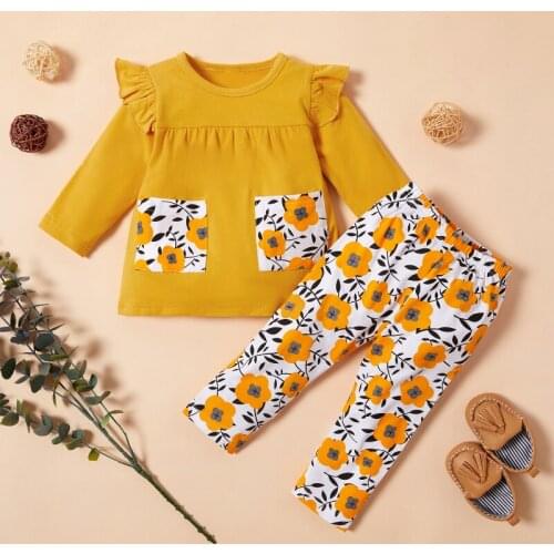 Infant Baby Girls Boutique Outfits Childrens Sunflower Long Sleeve Tops+Floral Pants Sets Cotton Baby Fall Winter Clothing INS