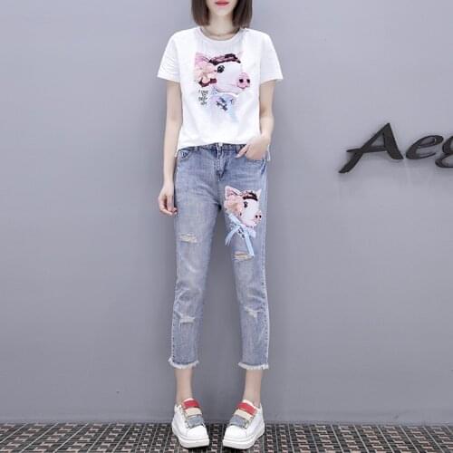 Comelsexy Summer Women Cartoon T Shirts Jeans Suits Fashion Sequins Pig Print Short Sleeve Tshirt + Denim Hole Tassel Pants Sets