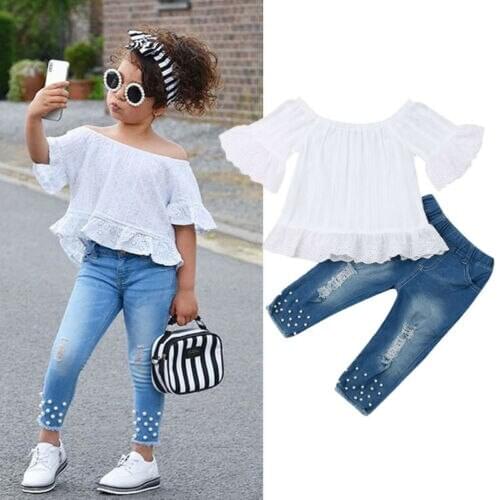 Little Baby Girls Summer Clothes Sets Fashion Off Shoulder Lace Floral Tops Destory Denim Pants Jeans Toddler Outfits Sets