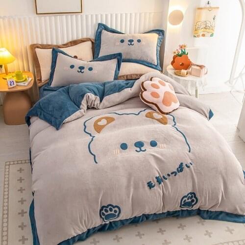 Cartoon bear duck Winter Towel embroidery Soft Plush Fleece Bedding Set Cotton Duvet Cover Bed Linen Fitted Sheet Pillowcases