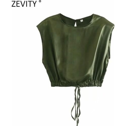 Zevity New Women Solid Glossy Shoulder Padded Hem Elastic Lace Short Slim Smock Blouse Female Shirt Roupas Chic Crop Tops LS9425