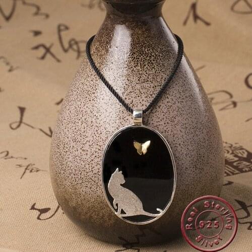 Amxiu Fashion 925 Silver Pendant Necklace Two Tones Color Cat Butterfly Necklace Rope Chain Jewelry For Men Women Accessories