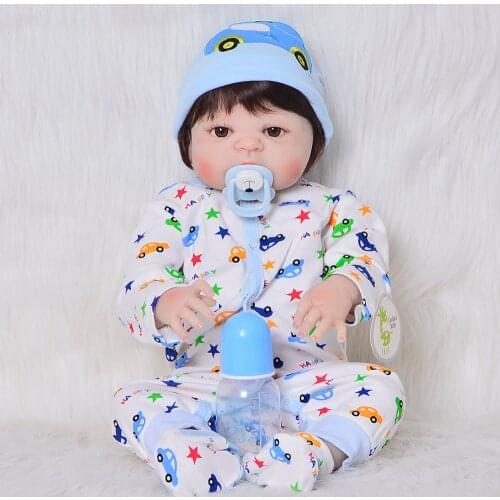 Lifelike 23Inch Newborn Baby Doll Full Silicone Vinyl Brown Hair Wig Reborn Boy Doll Attractive Kids Toys and Gifts Reborn Bebes