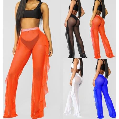 Sexy Women Mesh Ruffles See-through Sheer Wide Leg Pants Beach High Waist Fishnet Bikini Cover Up Trousers