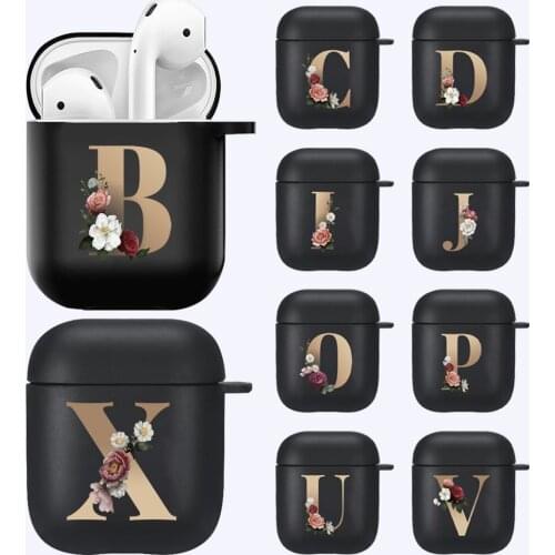 For Apple Airpods 1st/2nd Gen Anti-fall Floral Gold Initial Letter Pattern Black Silicone Wireless Bluetooth Earphone Cover Case