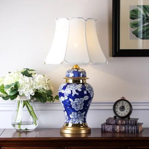 Medium Ceramic Conventional Blue and White Flower Copper Desk Lamp For Home Ornaments