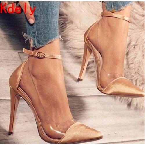 Womens High-heeled Shoes New Toe Monochrome Belt Buckle Fashion Single Shoes Pink Black Apricot Size 34 and 43