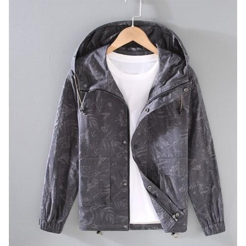G017 Men Windbreaker Hooded Casual Handsome Fashion All-Match Relax-Fit Creation Daily Pocket Digital Printing Trench Jacket