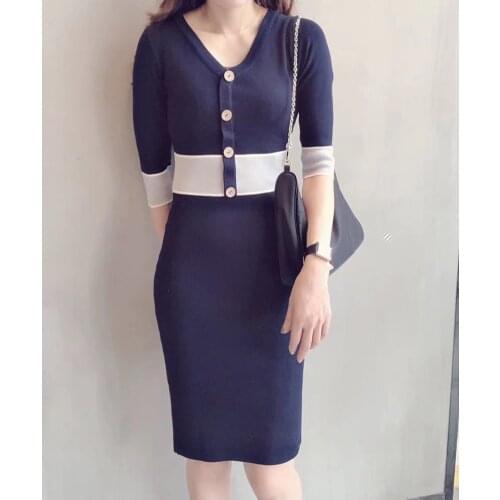 2021 V-neck knitted dress womens slim fit bag hip half sleeve tight button decorative high waist dress