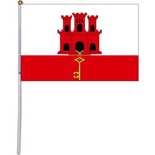 Free shipping xvggdg 100pcs 14 * 21cm National Flag Gibraltar hand flags with plastic flagpole Polyester Printing flag