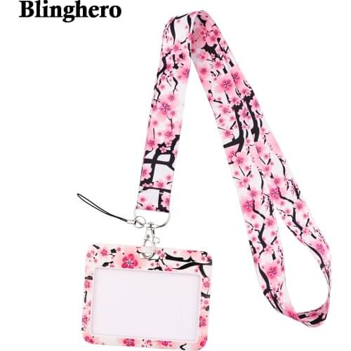 CB657 Cherry Blossoms Keychain Flower Print Lanyards Badge ID Holder ID Card Pass Mobile Phone USB Neck Straps Badge Holder