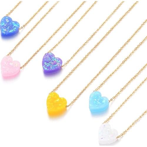 6 Colors 12mm Heart Shape Opal Stone Pendant Necklace 316L Stainless Steel Gold Chain Collar Jewelry Girlfriend Gifts