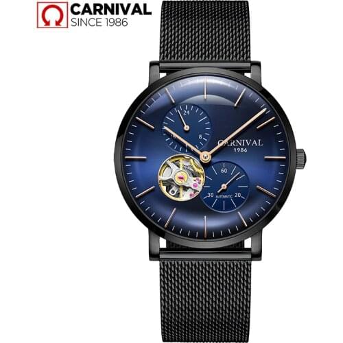 CARNIVAL Automatic Mechanical Watch Men Mesh Belt Bracelet Mens Watches Small second dial 24 hours Waterproof Tourbillon Clock