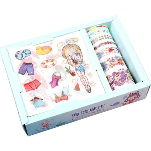 Kawaii Gift Package Sticker with 7pcs Washi Tape Set Scrapbooking Masking Tapes