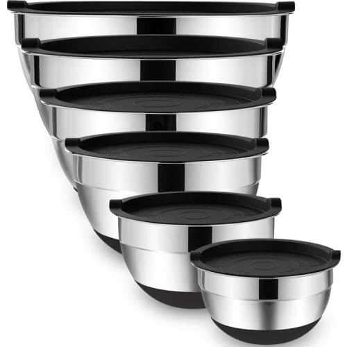 LMETJMA 6 Pcs Mixing Bowls with Lids and Non Slip Bases Stainless Steel Mixing Bowls Set for Baking Nesting Storage Bowls KC0418