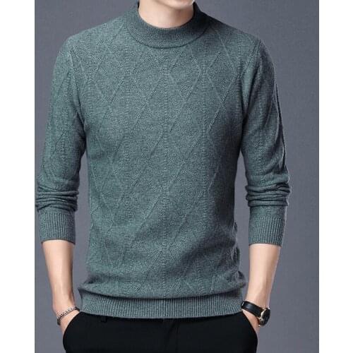 Winter Thicken Cashmere Sweater Man Argyle Pure 100% Wool Sweater Male Mock Neck Plaid Warm Jumper Long Sleeved