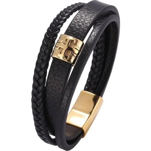 Classic Male Jewelry Multilayer Leather Bracelet for Men Golden Cross Stainless Steel Magnetic Buckle Charm Bracelets PD0672
