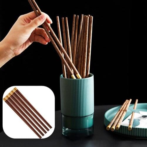 5 Pairs Reusable Chinese Chopsticks Set Sandalwood Round Copper Head Wood Chopsticks Handmade Sushi Food Chopsticks Tableware