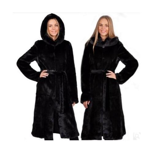 New S/7Xl Womens Large Size Black Hooded Fake Fur Jackets Long Section Man-Made Fur Outwears Female Casual Fur Overcoats K834