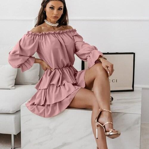 Autumn Women Dress Sexy Solid Off-Shoulder Slash Neck Cascading Ruffle Slim A-Line Elegant Ladies Party Dresses Female 2021 New