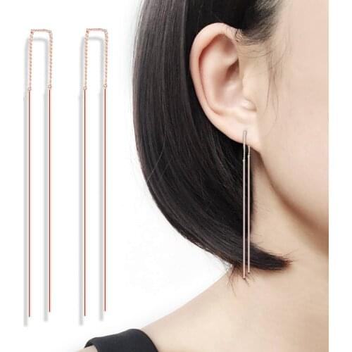 Simple Strip Bar Long Chain Drop Dangle Earrings Rose Gold Silver Color Tessel Ear Line Fashion Jewelry Earring For Women E789
