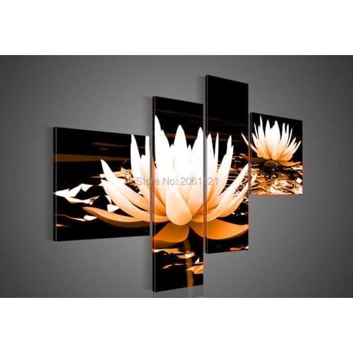 Hand made full blooming gold yellow lotus flower ABSTRACT OIL PAINTING Wall Decor art asian Buddhist flowers canvas picture