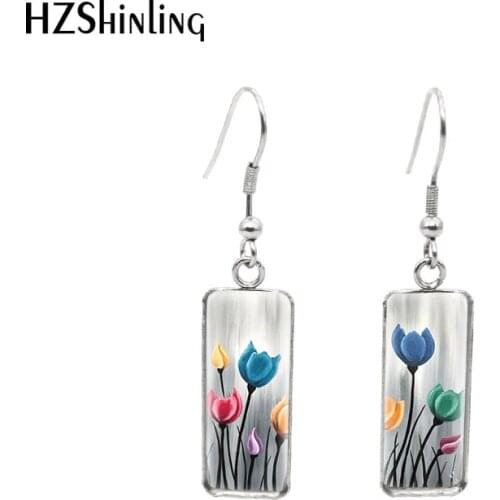 2019 New Whimsical Floral Flowers Rectangular Earring Colorful Uplifting Tulip Painting Fish Hook Earrings Glass Jewelry