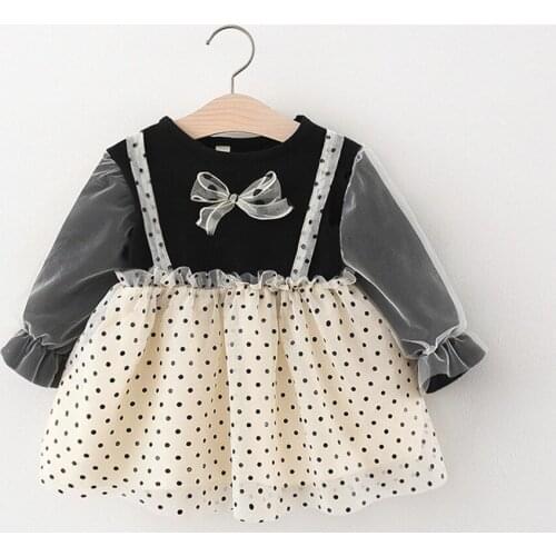Sweet 2021 Autumn Girls Kids Princess Dress Long Sleeve Children Baby Infants Bow Dot Mesh Patchwork Dresses Vestidos S12721