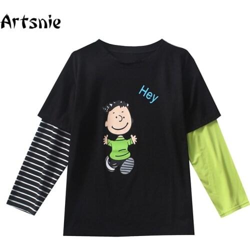 Artsnie cartoon print womens t-shirts autumn o neck long sleeve vintage tops streetwear casual striped cotton t shirt mujer