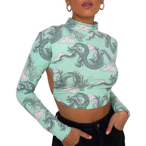 Fanco Women T-Shirt Dragon Pattern Print Backless 2021 Autumn Winter New Sexy Backless Lace-up Female T-shirt Long Sleeved Navel
