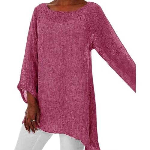T Shirt Women fall Plus Size Women Solid Color Linen O-Neck Long Sleeve Irregular Tunic Top T-Shirt Casual Loose Tshirt 2020