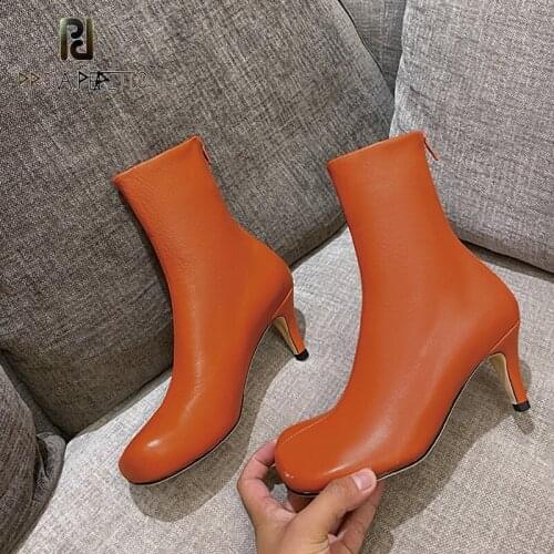 2020autumn Winter Sheepskin High Heel Square Toe Stretch Boots Stovepipe Back Zipper Leather Ankle Boots Plus Size Womens Shoes