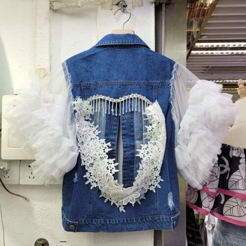Vintage Hook flower Hollow out Beaded Hole Net yarn patchwork Denim vest Chain tassel Washed blue jeans waistcoat veste femme