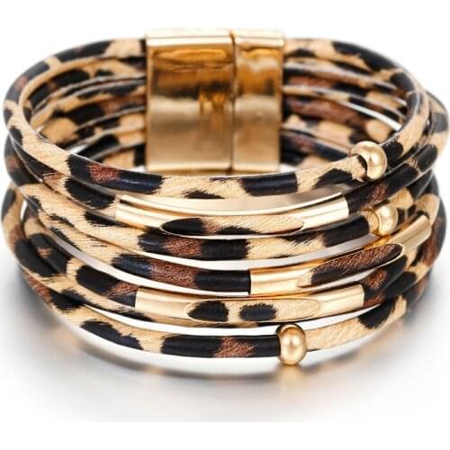 Leopard Leather Bracelets For Women 2019 Fashion Bracelets & Bangles Elegant Multilayer Wide Wrap Bracelet Jewelry