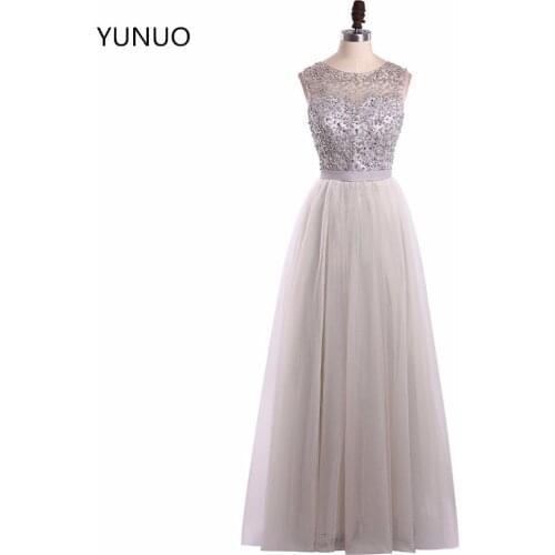YUNUO Beautiful Gray Vestido De Festa New Arrival 2018 Long Women Party Sleeveless Robe De Soiree Tulle Evening Dresses 7020