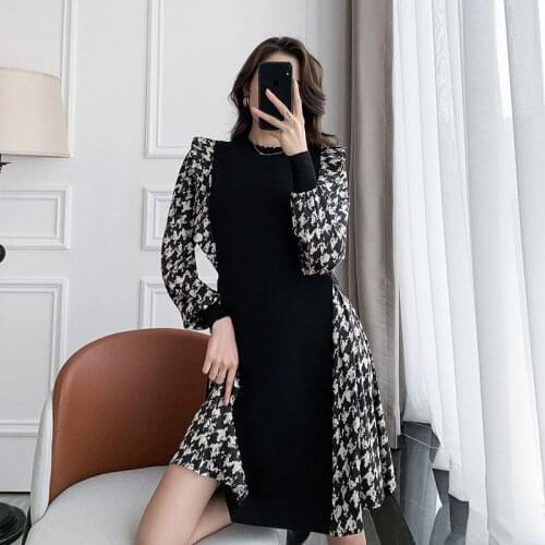 2021 Large size womens Dress Autumn new stitching sleeve printed stitching ice silk knit dress for women vestidos