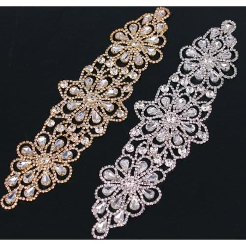 24x7cm Crystal rhinestone applique Welding flower patch for bridal belt sew on Wedding dress sleeves accessories