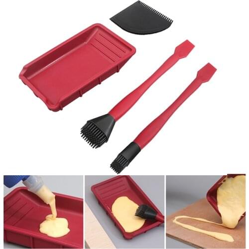 4Pcs Woodworking Silicone Brush Tool Kit Washfree Glue Brush Soft Glue Brush Flat Scraper Glue Tray Wood Gluing Brushing Tools